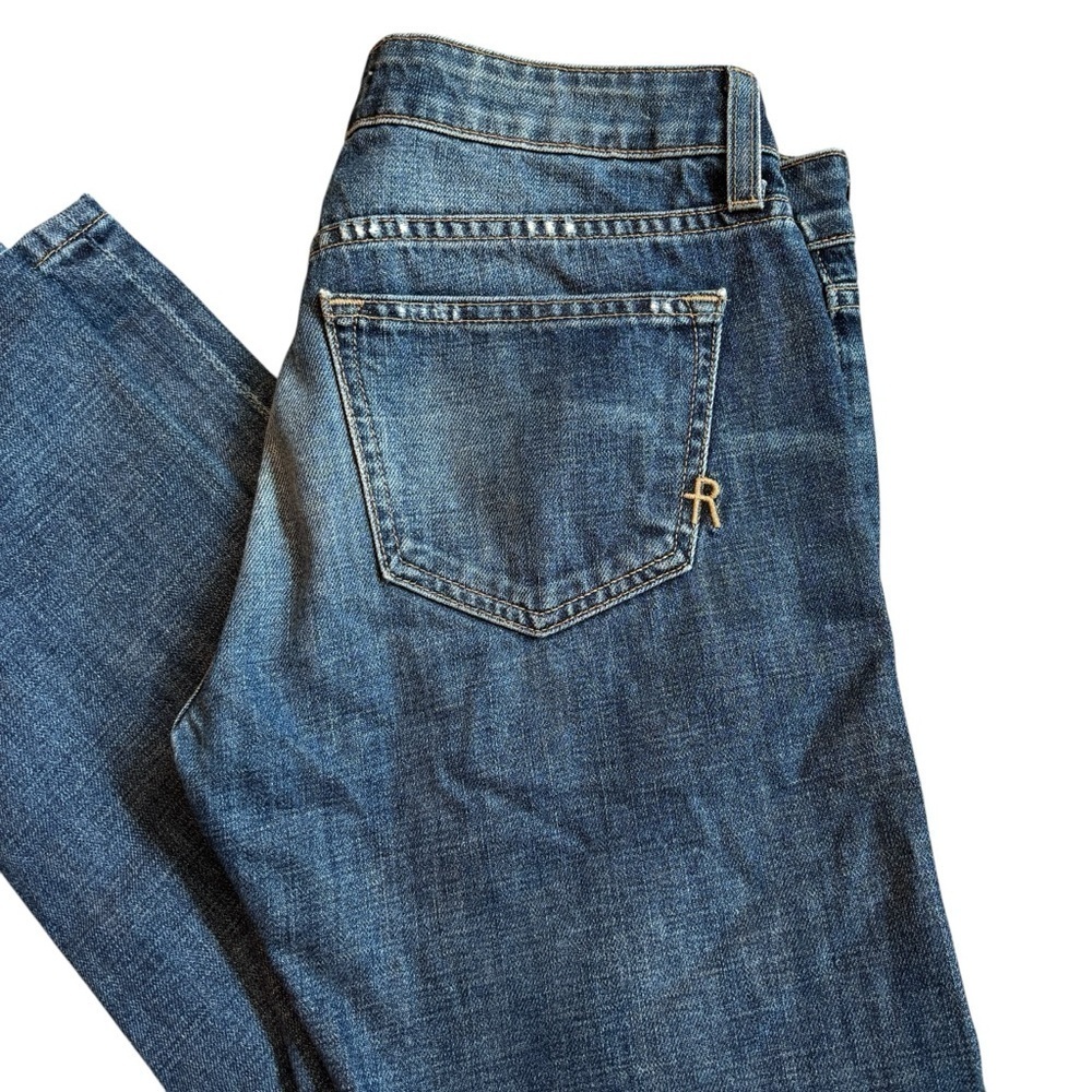 Rich And Skinny Classic Blue Straight Jeans with Faded Wash Distressing Size 26